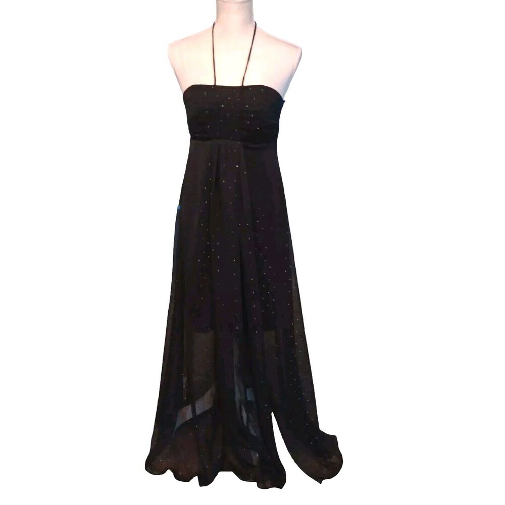 Black Halter Dress 2 Maxi Sheer Slit Sparkle Pleated White House Black Market